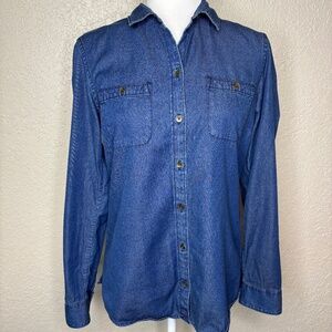 Eddie Bauer Blue Chambray Denim Cotton Button Down Shirt Women's Size Medium